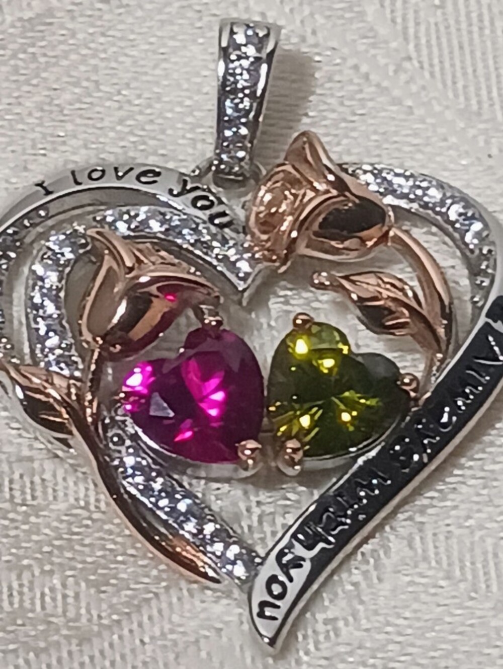 Double Heart Shaped Peridot - Pink Ruby & Clear Gemstones Pendant in 925
